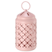 Pink metal lantern with clover and cross-shaped cutouts, domed top, and hanging ring, designed for tealights.
