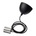 Black pendant light with a coiled black cable on a white background