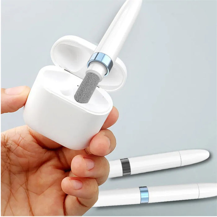Digital Shoppy Multi-functional cleaning tool with brush, metal tip, and sponge shown cleaning earbuds