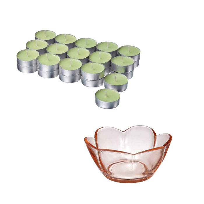 IKEA LÖVSKOGSLUND Scented Tealight Apple Light Green 3.5 hr 30 Pack with VANLIGEN Tealight Holder Light Pink