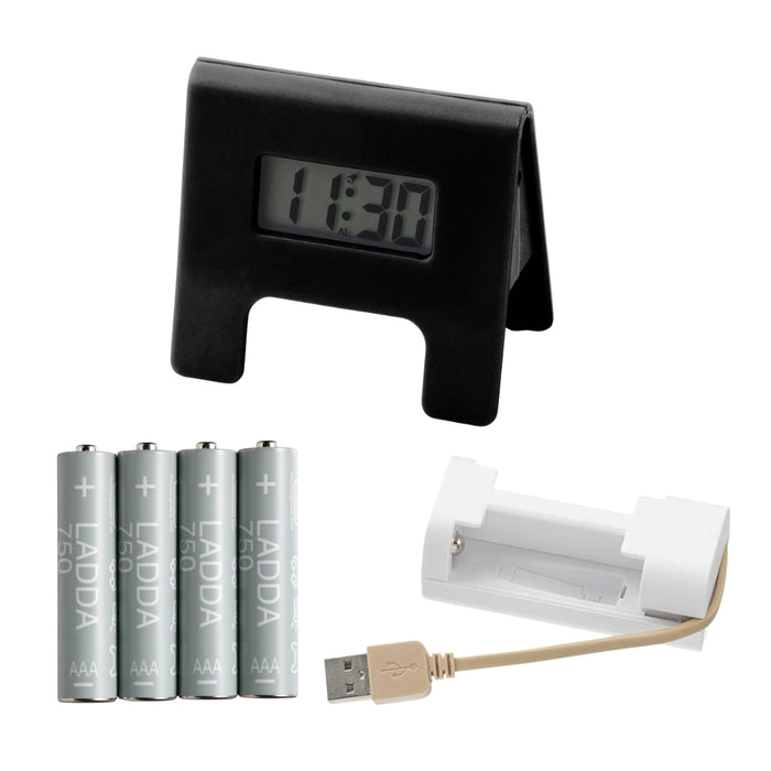 IKEA KUPONG Alarm Clock Black 7x6 cm with LADDA Rechargeable Battery AAA 750mAh 4 Pack and VINNINGE Battery Charger White
