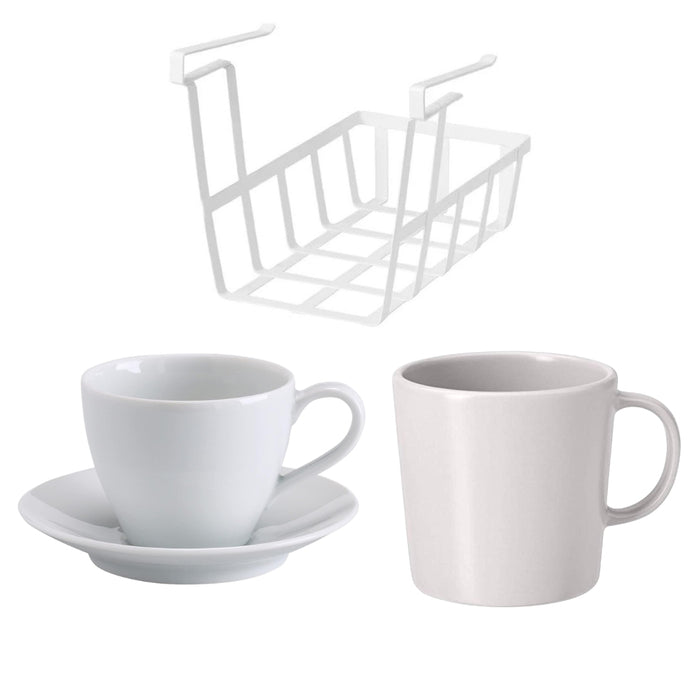 IKEA Coffee Station Set: Space-Saving Under-Shelf Basket with Modern VÄRDERA Cup and Rustic DINERA Stoneware Mug