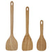 Three wooden spatulas of different sizes arranged side by side on a white background, each with a flat blade and a hanging hole in the handle.