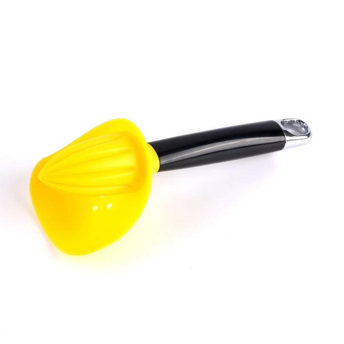 Yellow slotted spoon with black handle on a white background