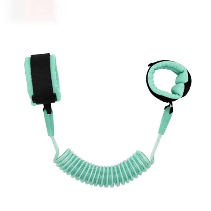 Kids anti-lost safety band in green—features two adjustable wrist straps (one for child, one for adult) connected by a coiled traction rope; designed to keep toddlers close and secure during outings – 1600005922124 13241030.