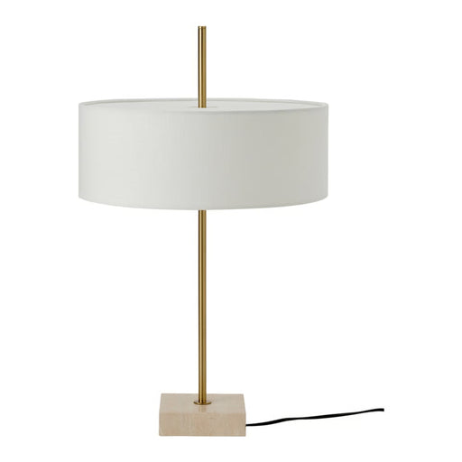 Table lamp with white shade, gold stem, and beige base on a white background