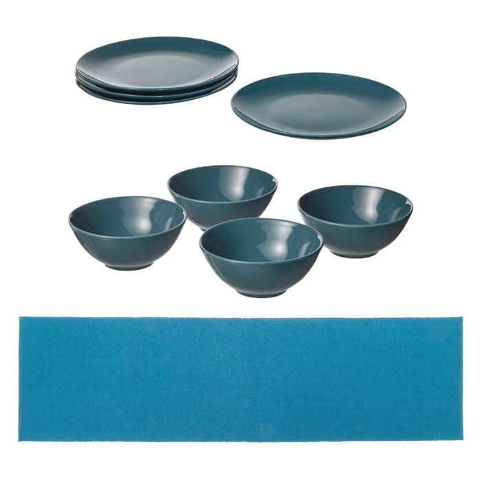 IKEA Dark Turquoise Dining Set: 8-Piece FÄRGKLAR Glossy Plates & Bowls with UTBYTT Table Runner