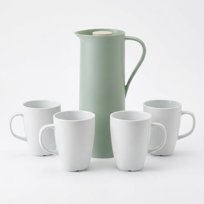 IKEA Beverage Set - BEHOVD Vacuum Flask (1L, Light Green/Beige) & VÄRDERA White Ceramic Mugs (4-Pack, 30cl)