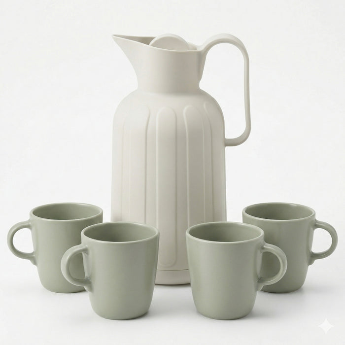 IKEA Family Beverage Set - TAGGÖGA Vacuum Flask (1.6L, Off-White) & FÄRGKLAR Matt Green Mug, 37cl (4-Pack)