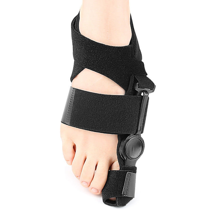 Black orthopedic bunion corrector brace for left foot with adjustable straps and hinge support