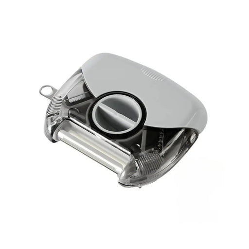 Silver and gray mechanical device on a white background