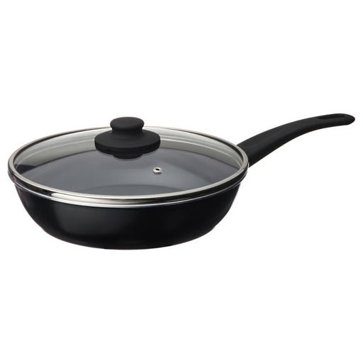 Black frying pan with glass lid on a white background