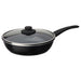 Black frying pan with glass lid on a white background