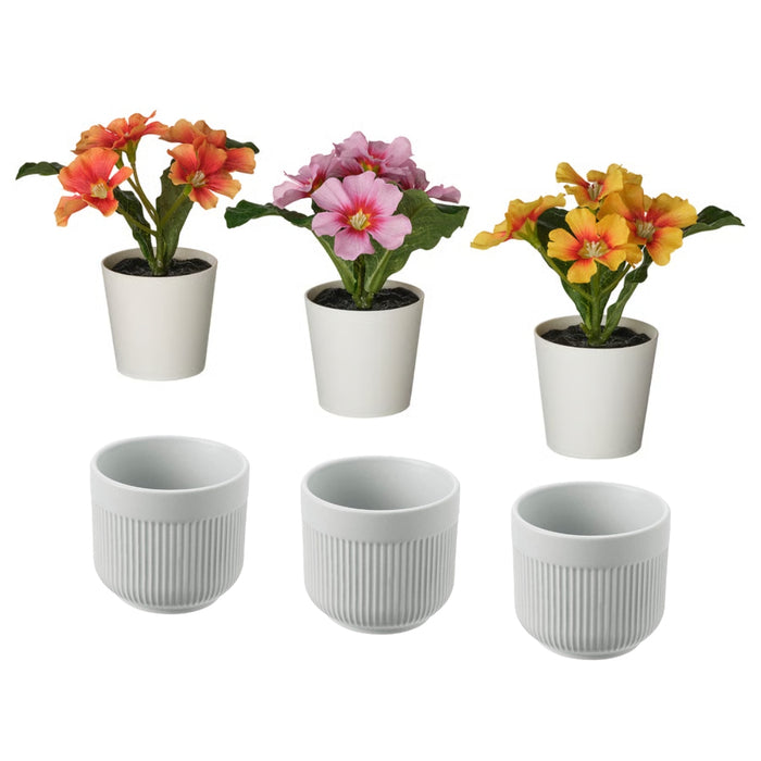 IKEA Artificial Greenery Set - FEJKA Mixed Primrose Potted Plants (6cm) & GRADVIS Grey Ceramic Plant Pots (3-Pack)