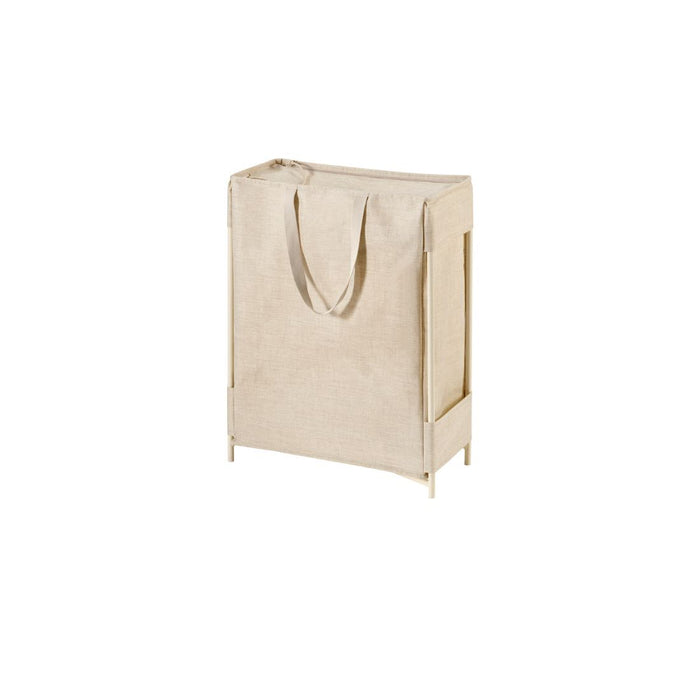 Beige laundry hamper with handles on a white background