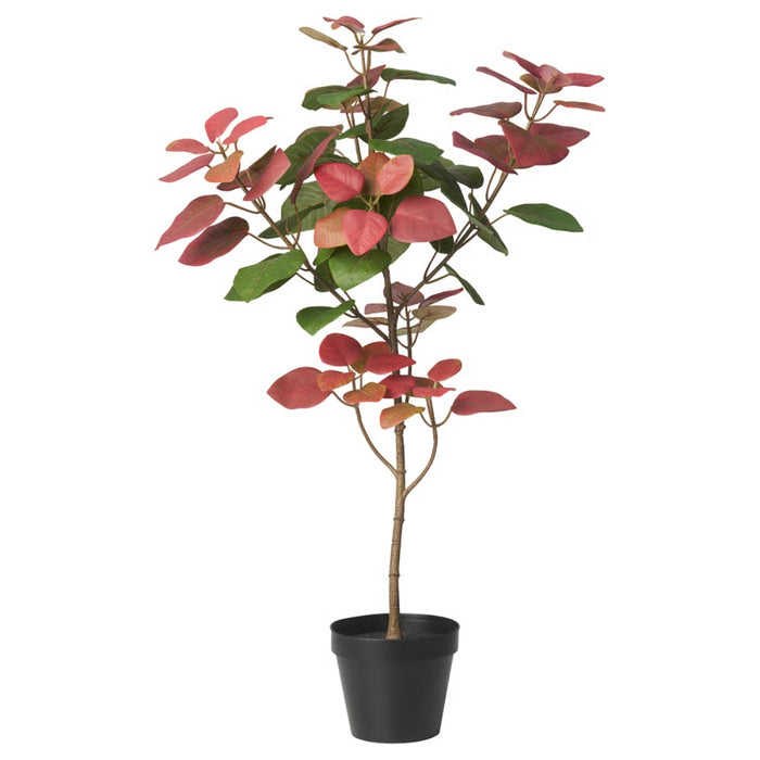 IKEA FEJKA artificial smoke tree in a black plastic pot featuring realistic green and reddish-pink leaves.