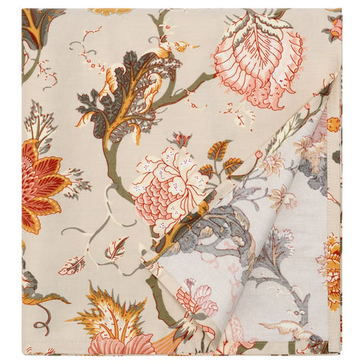 Floral patterned fabric with orange, pink, and green colors on a beige background