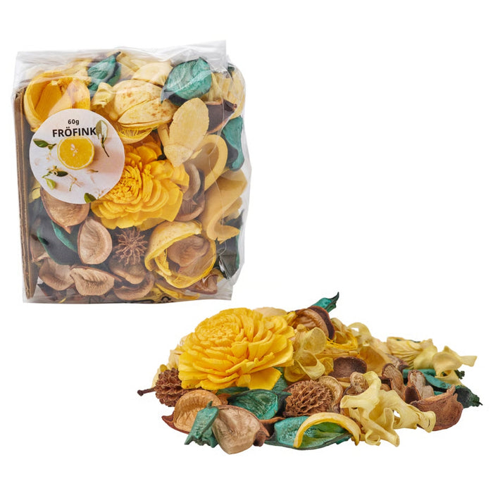 IKEA FRÖFINK Scented potpourri, Citrus flower yellow, 60 g with VILJESTARK Vase, clear glass, 8 cm