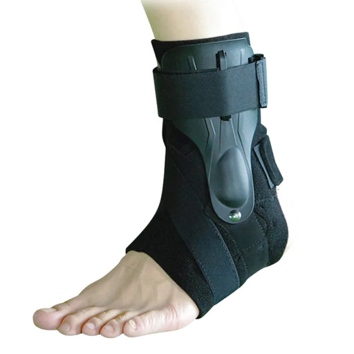 Black ankle support brace on a white background
