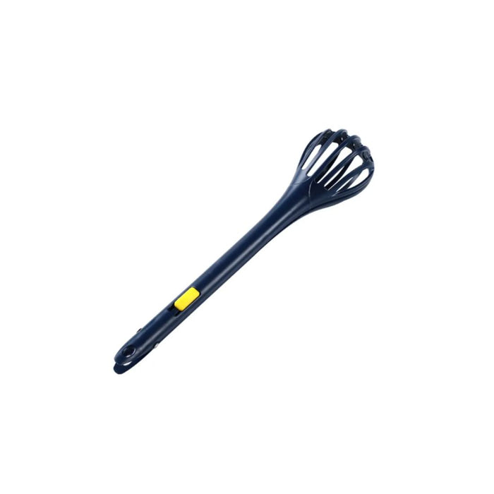 Navy blue whisk with a yellow button on a white background
