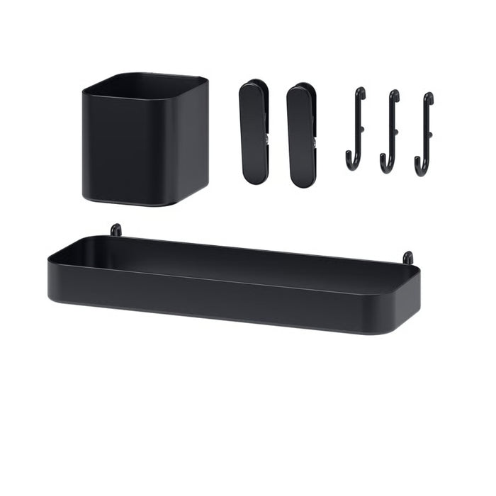 IKEA SKÅDIS 7-piece accessories set in black displayed on pegboard