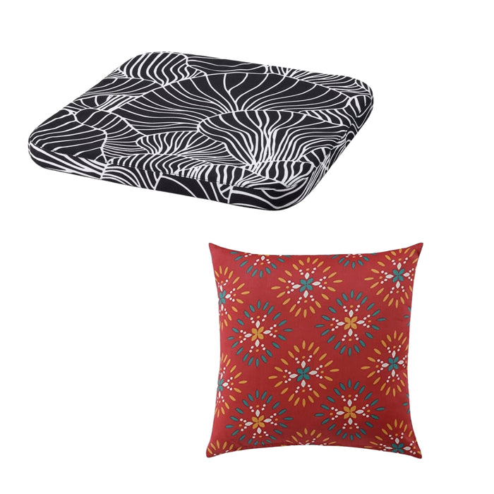IKEA 2-Piece Set: STAGGSTARR Chair Pad Black White 36x36x2.5 cm with KLIBBARV Cushion Red Printed 40x40 cm