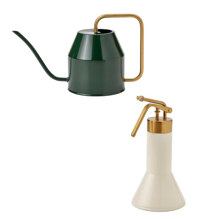 IKEA VATTENKRASSE Watering Set: 2L Black-Green Can & Ivory Plant Mister with Gold Accents