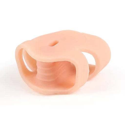 Pink silicone baby teether on a white background