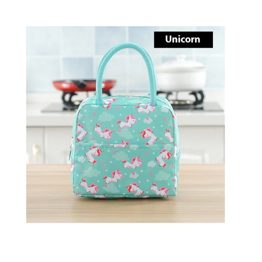 Unicorn-patterned lunch bag on a kitchen counter with 'Unicorn' label.