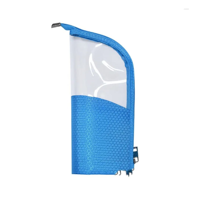 Blue mesh pouch with a clear window on a white background