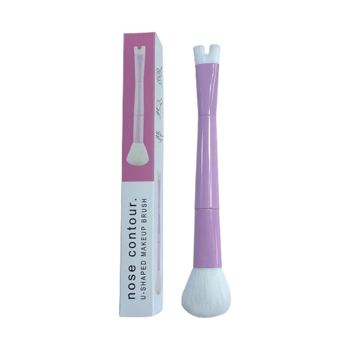 Purple nose contour makeup brush with packaging on a white background