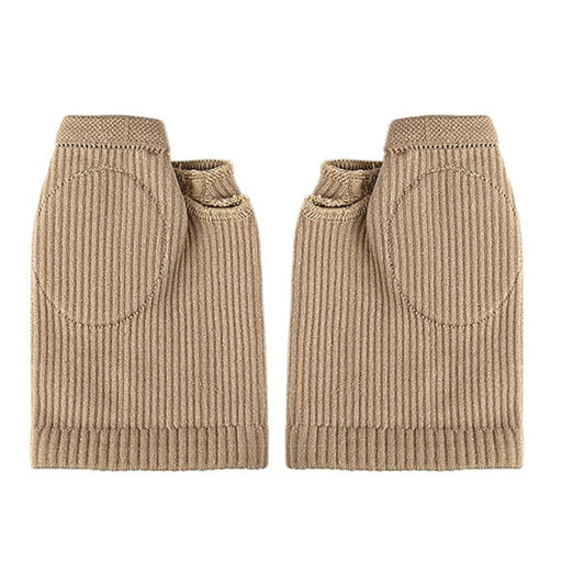  Pair of brown ribbed bunion corrector sleeves with U-shaped padded palm area, designed for orthopedic support