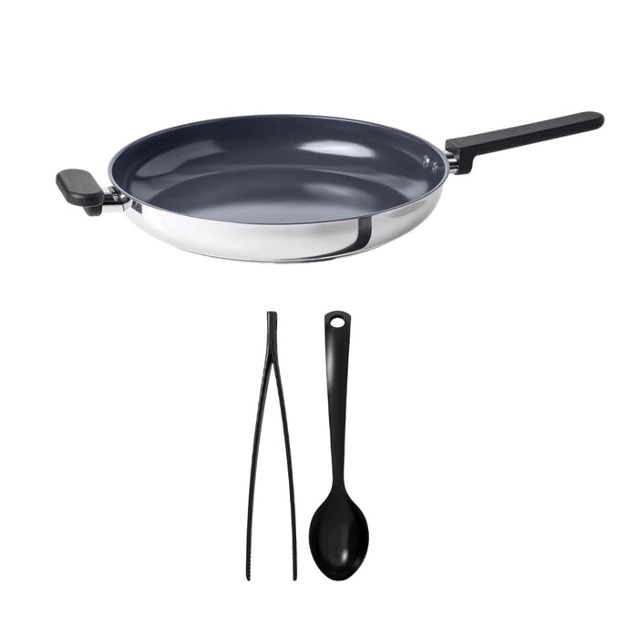 IKEA MIDDAGSMAT Frying Pan Non‑Stick Stainless Steel 32 cm with GNARP 2‑Piece Kitchen Utensil Set Black