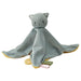 Soft comfort blanket with plush cat head, blue body and yellow trim, featuring colorful tactile tabs.