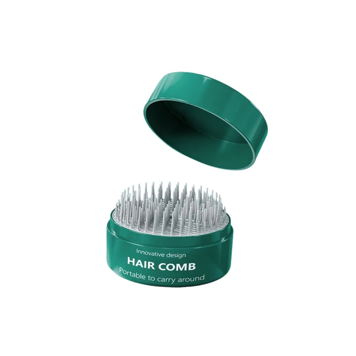 Green hair comb with open lid on a white background