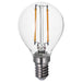 Clear LED light bulb with visible filaments on a white background