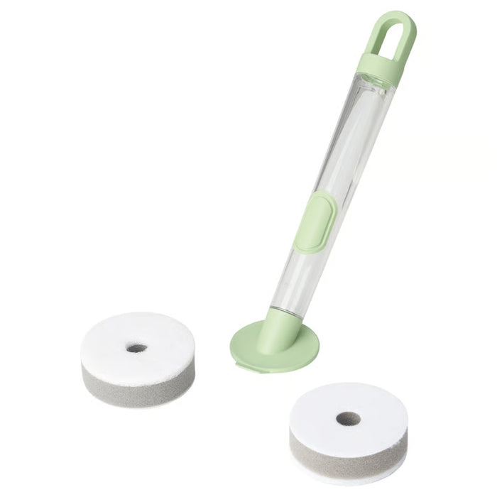 Keep your dishes sparkling clean with the VIDEVECKMAL 3-piece dish sponge set. This convenient set includes a dispenser handle in a refreshing light green color, along with two round, easy-to-attach sponges. 