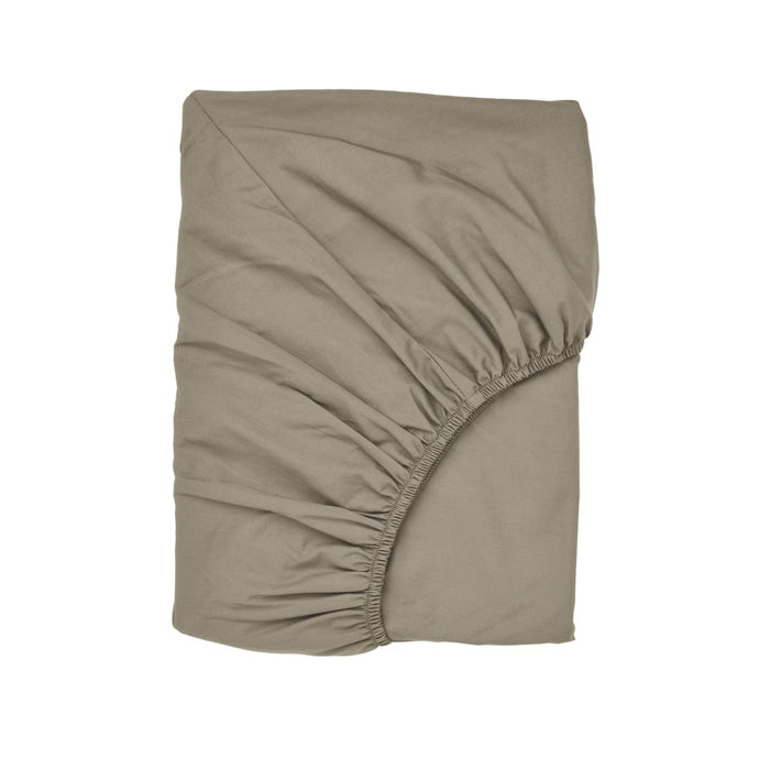 Folded IKEA ULLVIDE fitted sheet in grey-beige, 160x200 cm; elastic edges visible, designed for snug fit on double bed mattress – 10590205