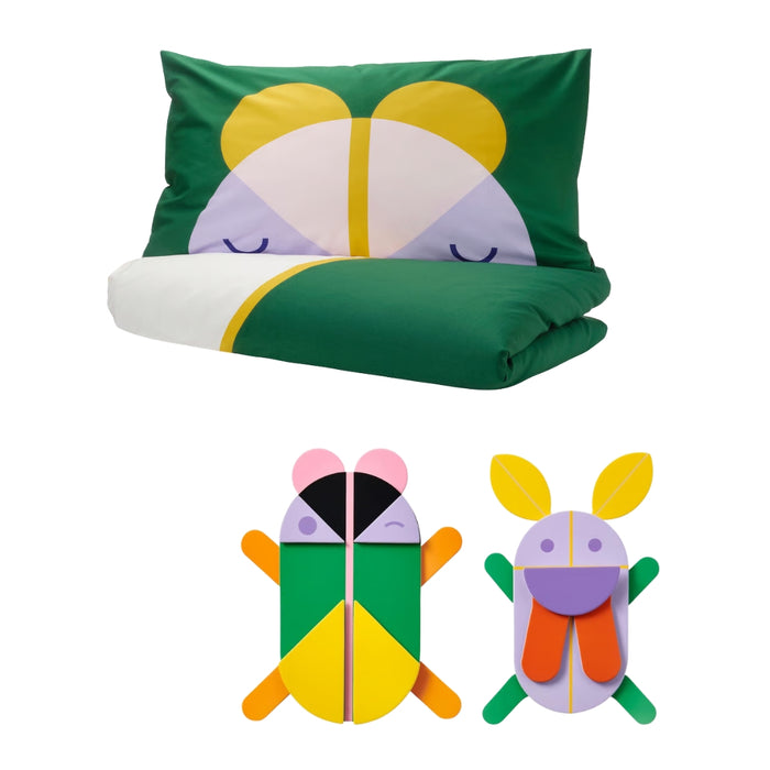 IKEA GREJSIMOJS Duvet Cover and Pillowcase Multicolour 150x200/50x80 cm with GREJSIMOJS Wall Decoration Set of 2 Multicolour