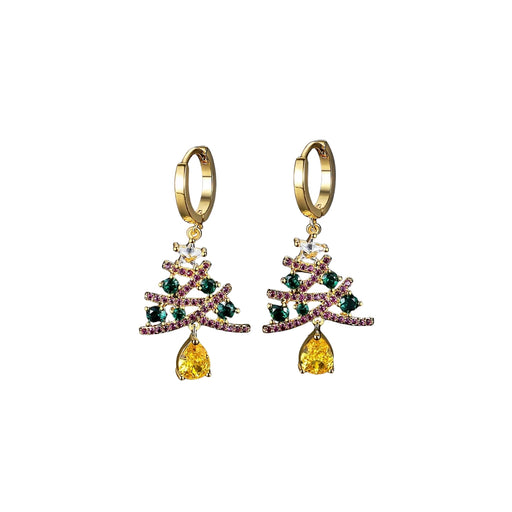 Gold hoop earrings with gemstone Christmas tree designs on a white background