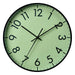 Green wall clock with black numbers and hands on a white background
