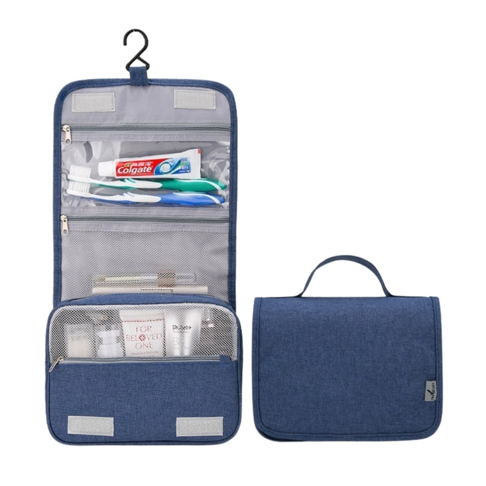 Travel storage waterproof bag, blue. Foldable design with hanging hook and compartments for toiletries – shown open and closed for compact, organized packing – 13403615.