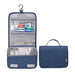 Travel storage waterproof bag, blue. Foldable design with hanging hook and compartments for toiletries – shown open and closed for compact, organized packing – 13403615.