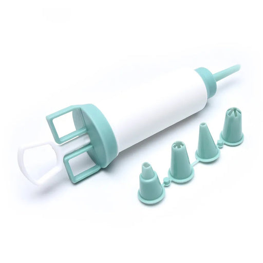 Baking tool set with white handle and turquoise attachments on a white background