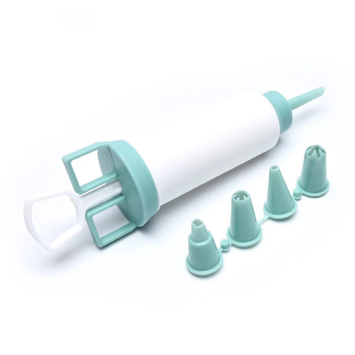 Baking tool set with white handle and turquoise attachments on a white background