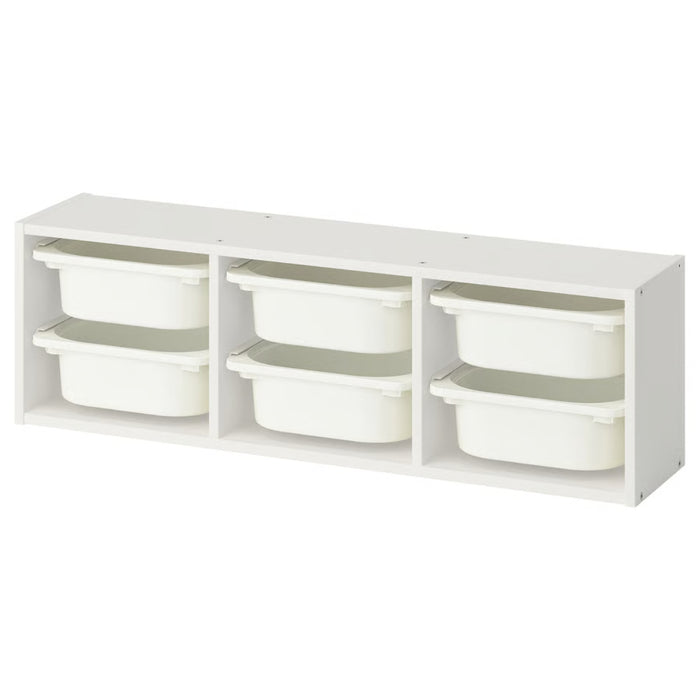 IKEA TROFAST Wall storage, white/white, 99x21x30 cm (39x8 1/4x11 3/4 ") with  6 x Storage box, white, 20x30x10 cm (7 ¾x11 ¾x4 ")