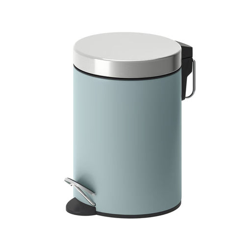 Light blue trash can with a silver lid on a white background
