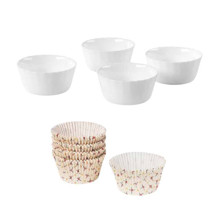 IKEA FISKTÄRNA Pie dish, white, 11 cm (4 3/8 ") (4pack), IKEA VINTERFINT Baking Cup, Floral Pattern Beige - 65 Pack