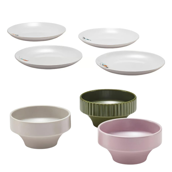 IKEA SPJUTLILJA Modern Dining Set- Patterned Ceramic Bowls (Set of 3, 12cm) & Matching Side Plates (4-Pack, 20cm)