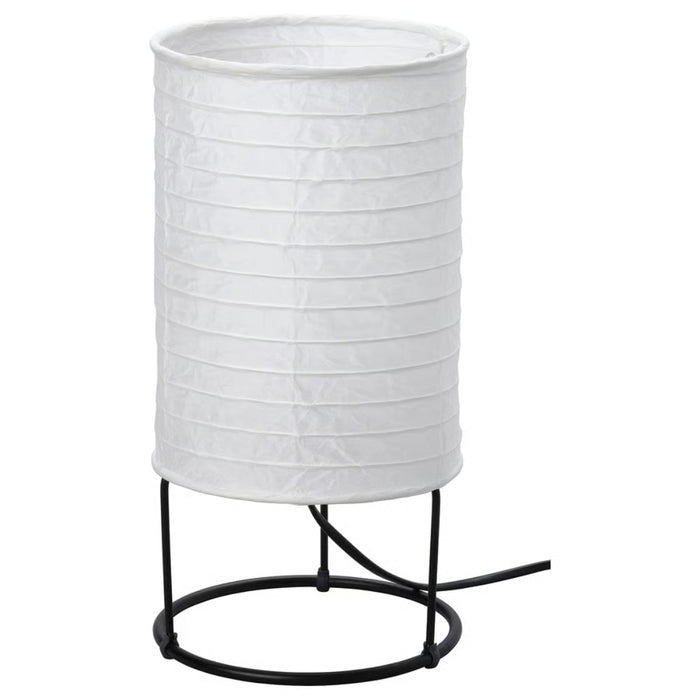 IKEA STRANDAD table lamp, 29 cm, with white ribbed cylindrical shade and black circular base; compact modern design for desks and side tables – 20594849